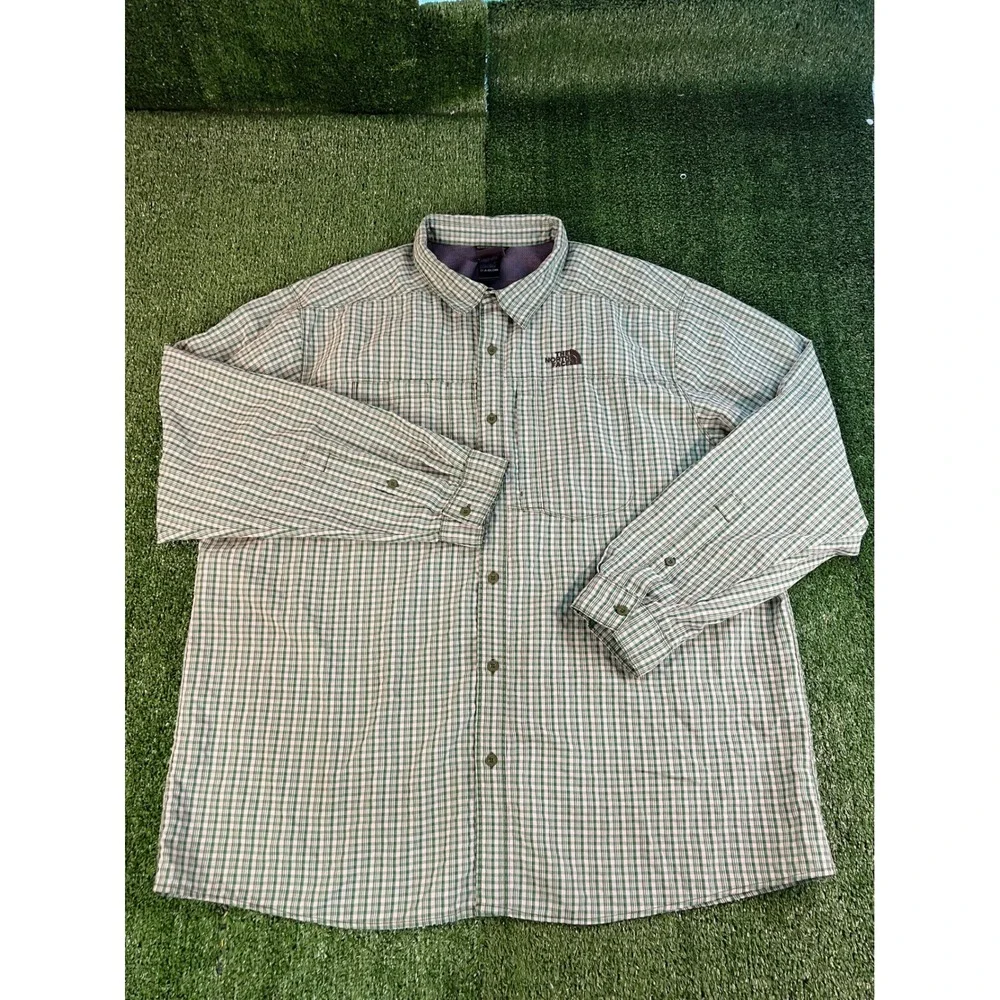 The North Face Mens XXL Green Gingham Plaid Long Sleeve Hiking Button Down Shirt